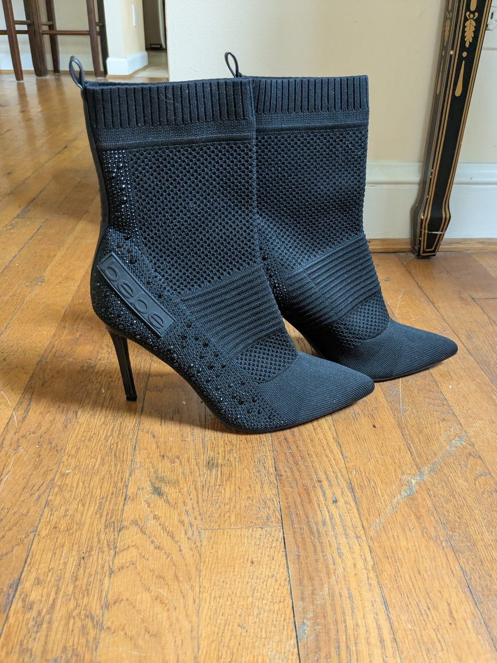 BEBE Sporty Knit Heeled Sock Boots with Rhinestones